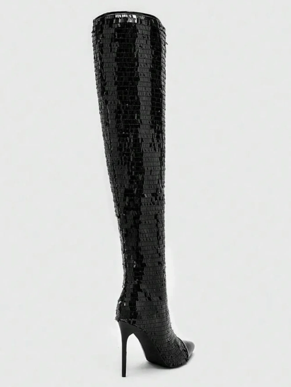 Black Sequins Knee-High Stiletto Heel Boot